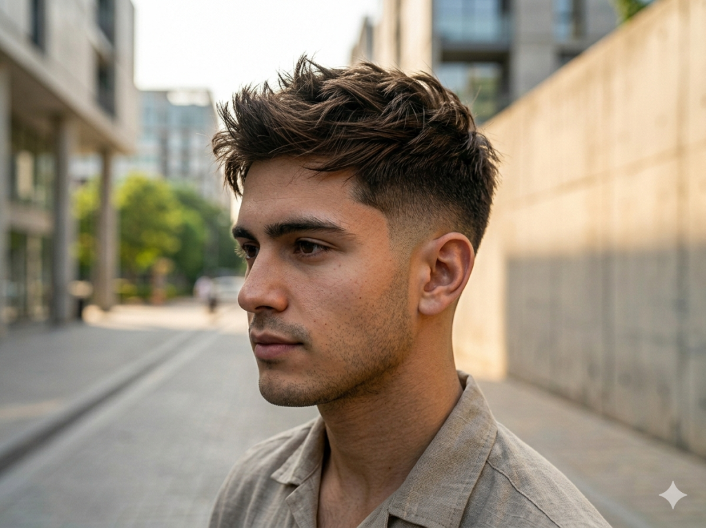 Low Taper Fade for Summer: Stay Cool and Look Sharp A young man showcasing a textured top hairstyle paired with a clean low taper fade during summer.
