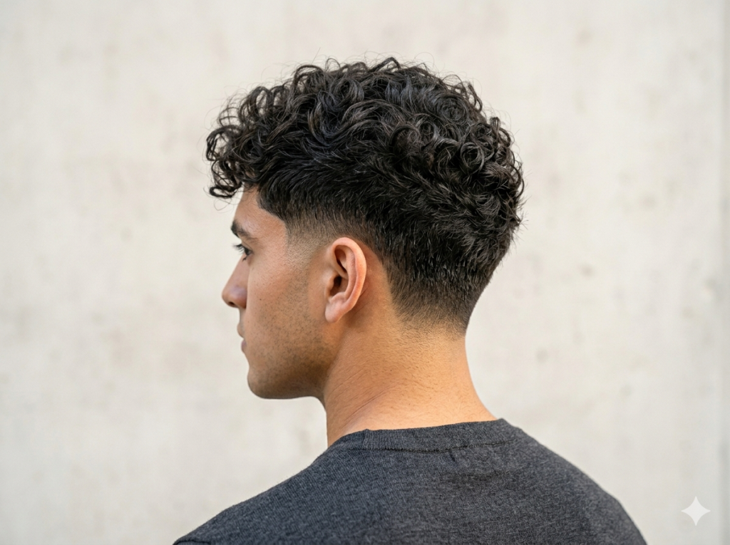 Low Taper Fade for Summer: Stay Cool and Look Sharp Close-up of natural curly hair on top with a precise low taper fade around the neckline and ears.