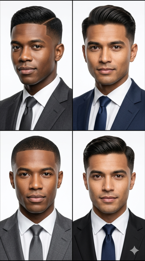 Low Taper Fade for Interviews: A Professional Haircut That Makes a Great First Impression A 4-square lookbook grid displaying professional haircut variations including side-part, comb-over, and crew cut with a low taper fade.