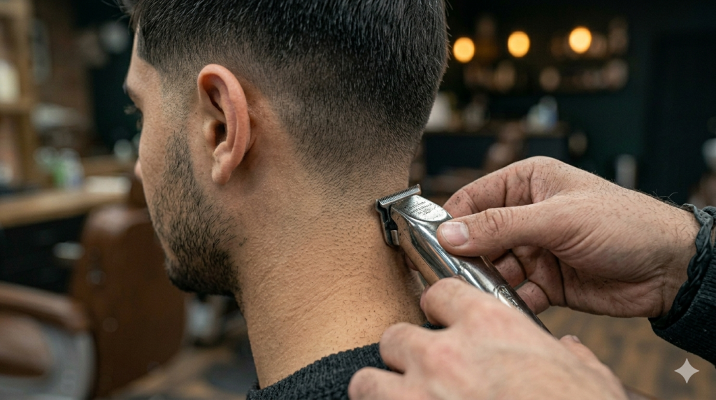 Low Taper Fade for Summer: Stay Cool and Look Sharp Close-up of a barber cleaning up the sharp neckline of a fresh low taper fade haircut.