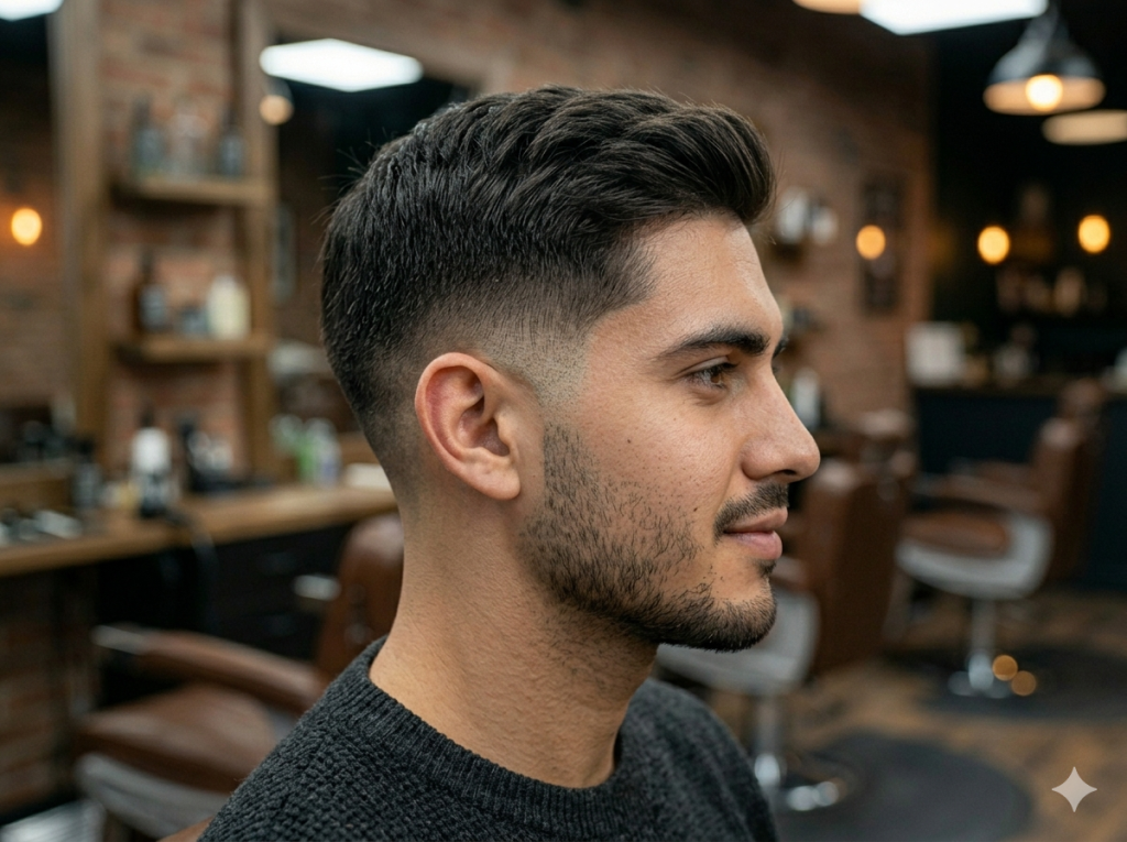 Low Taper Fade for Summer: Stay Cool and Look Sharp Side profile of a man showing a seamless transition from a low taper fade into a well-groomed beard.