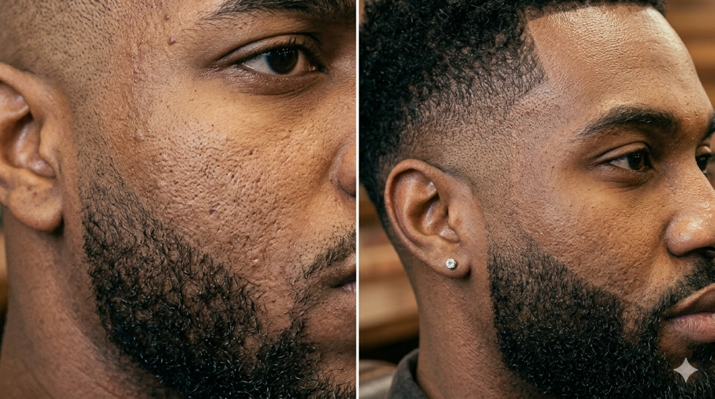 Common Low Taper Fade Mistakes and How to Avoid Them A macro comparison close-up showing visible lines from a DIY haircut mistake versus a professional smooth skin fade and beard blend.