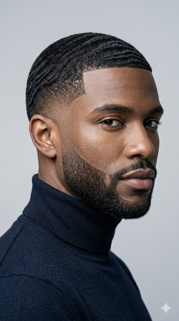 Low Taper Fade with Beard for Black Men: Best Styles and Grooming Tips A Black man showcasing a combination of 360 waves, a sharp low taper fade, and a crisp boxed beard.