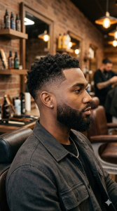 Home A professional side profile portrait of a Black man with a clean low taper fade haircut and a well-maintained full beard.