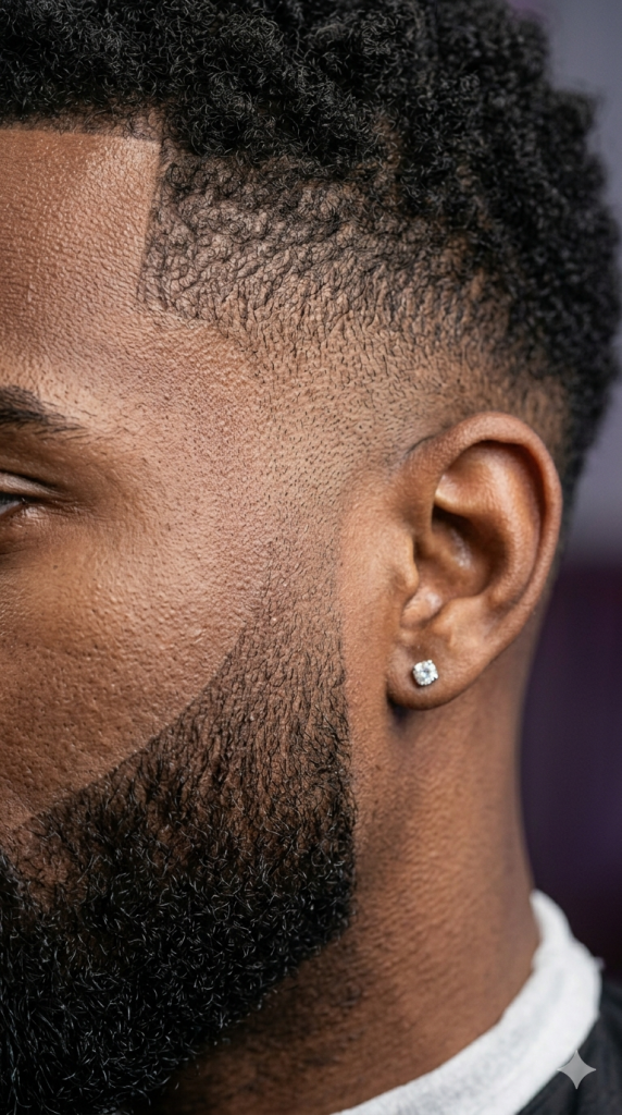 Low Taper Fade with Beard for Black Men: Best Styles and Grooming Tips A close-up shot of the seamless gradient transition between a low taper fade and a neat beard around the sideburns.