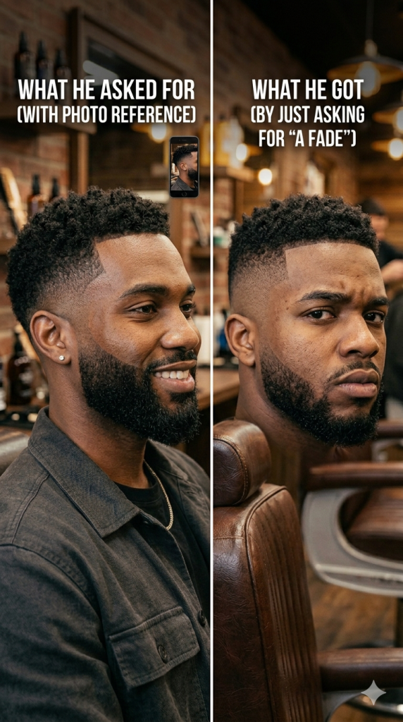 Common Low Taper Fade Mistakes and How to Avoid Them A two-panel comparison illustrating that a low taper fade with a photo reference results in a better cut than a vague high fade request.