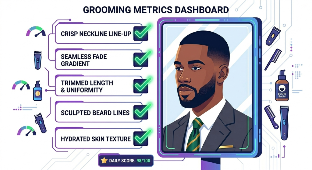 Low Taper Fade for Interviews: A Professional Haircut That Makes a Great First Impression A clean infographic illustration showing a professional grooming checklist for maintaining a sharp beard blend and neckline fade before a job interview.