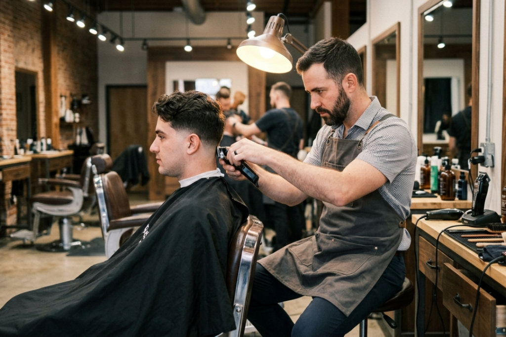 A professional barber styling a low taper fade around the ear for a client with thick wavy hair in a barbershop.