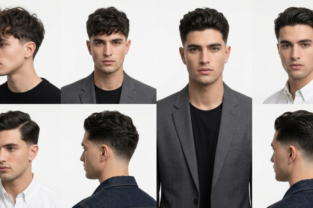 A four-panel lookbook grid displaying different variations of low taper fade styles for men with wavy hair.